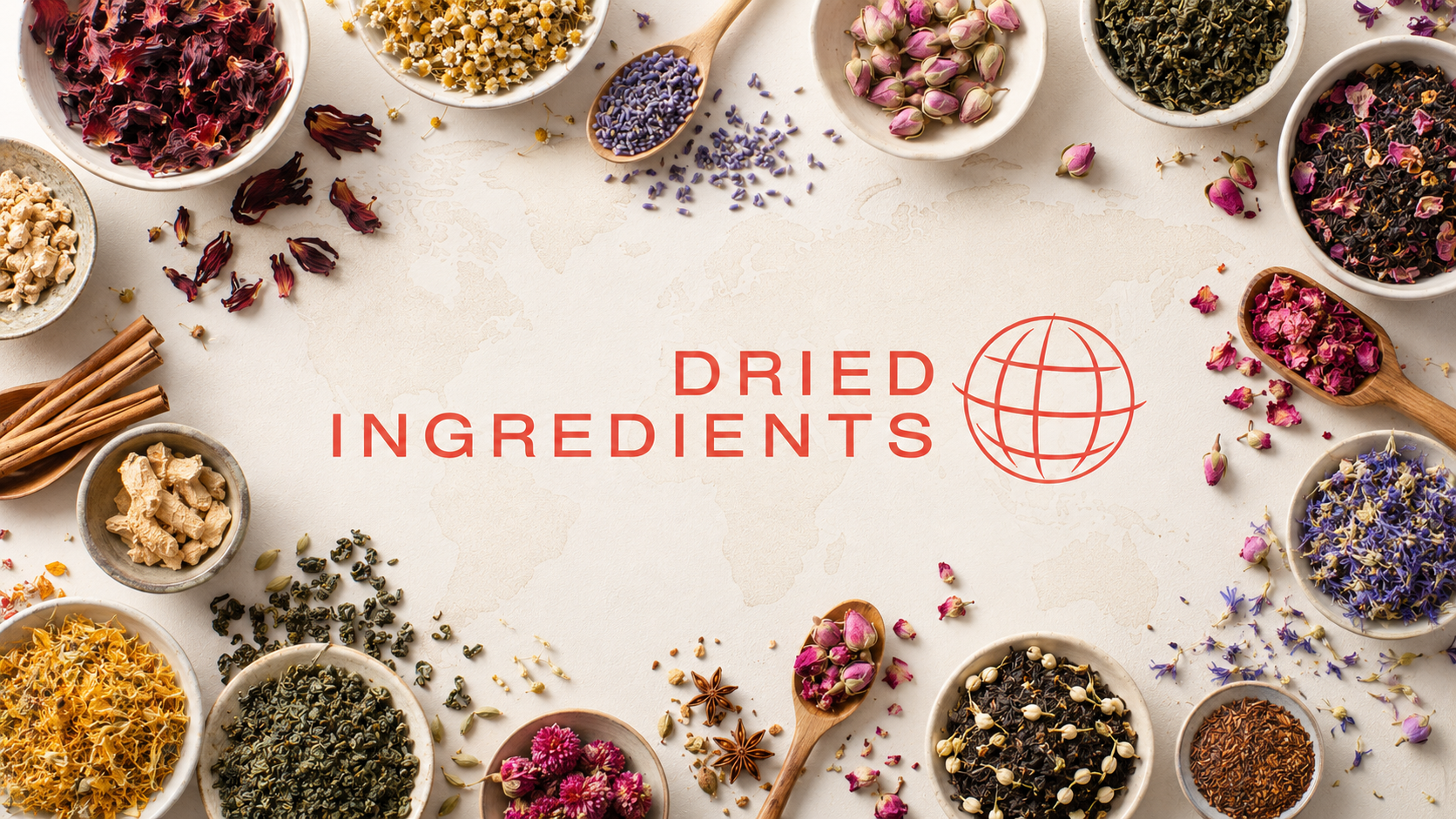 Dried Ingredients – Kräuter, Blüten, Früchte und Tee rund um das Firmenlogo